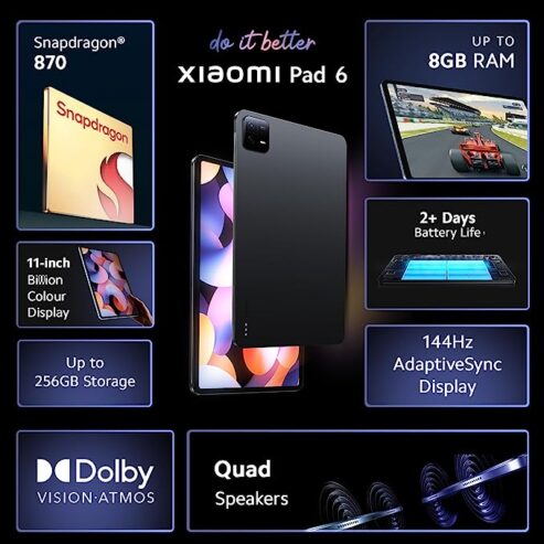 Xiaomi Pad 6 | Snapdragon 870 | 144Hz | 8GB/256GB | 11″ Display | Dolby Vision | Quad Speakers